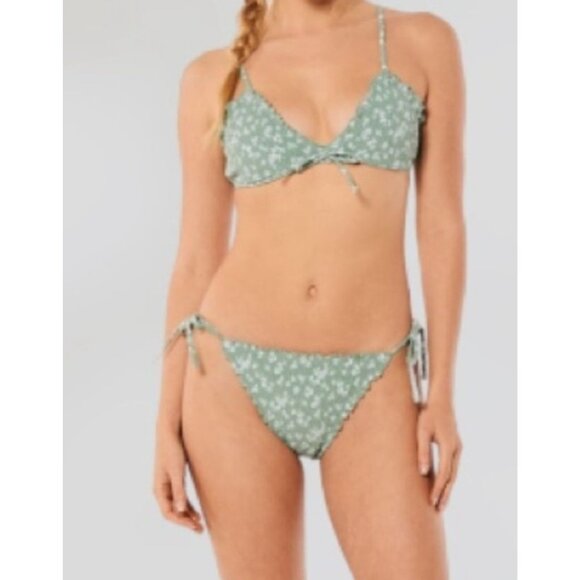 Hollister 2pc Swimsut Bikini Green Women Medium Triangle Silhouette Smocked - Picture 2 of 14